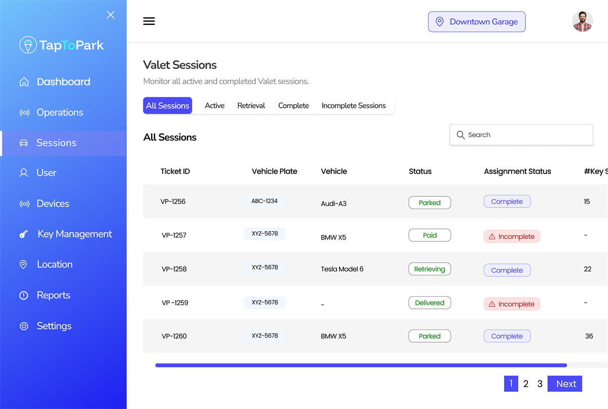 TapToPark operator dashboard view 3